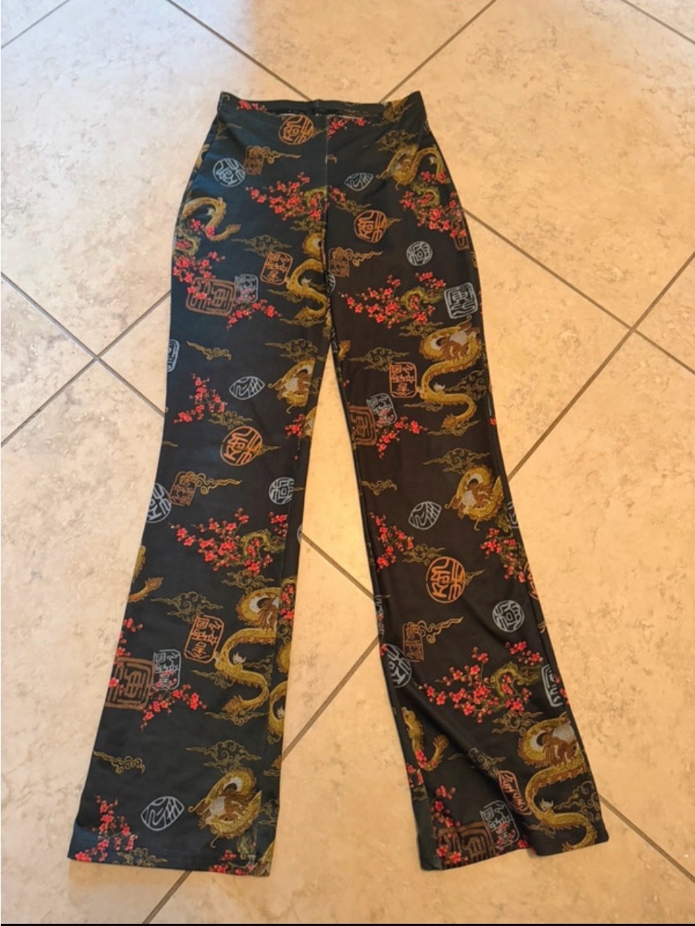 Black Floral Dragon Print Stretch Pants